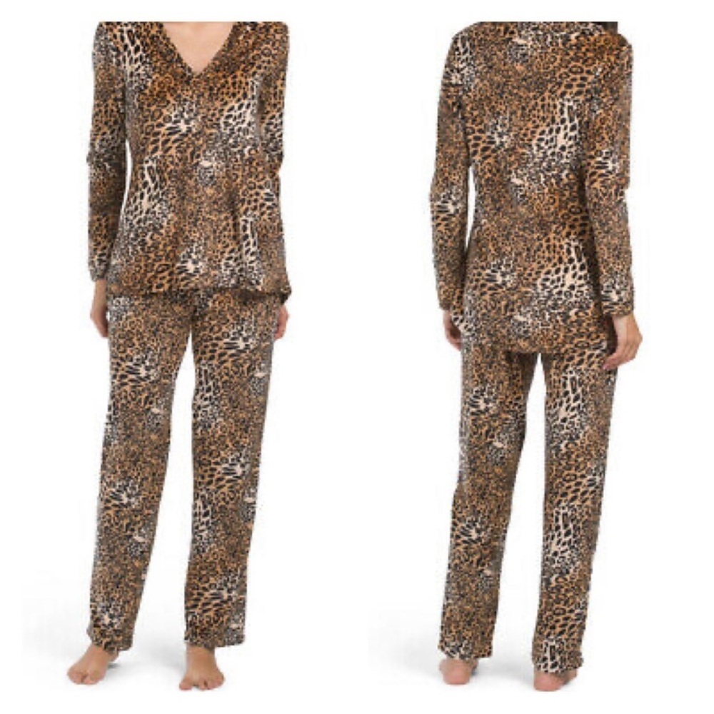 Natori Luxe Silk Animal Print Pajama Set Pants & Kimono Style Top S $140